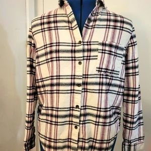 Forever 21 Cream, Burgundy, and Black Plaid Flannel Buttondown Shirt, Sz Small
